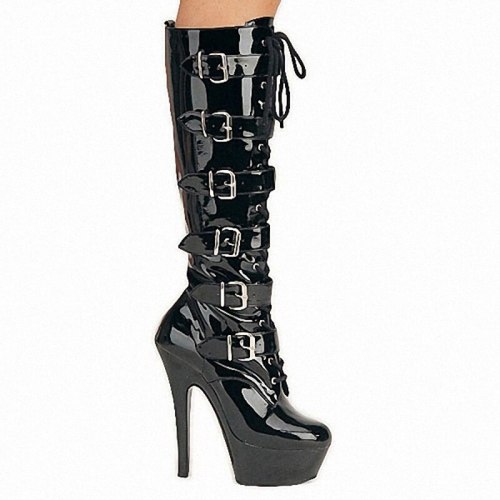 Gothic Punk Belt Buckle High Heels Boots Sexy Lace Up Mid Calf Boots Women Glossy High Platform Shoes Cosplay Knight Boots