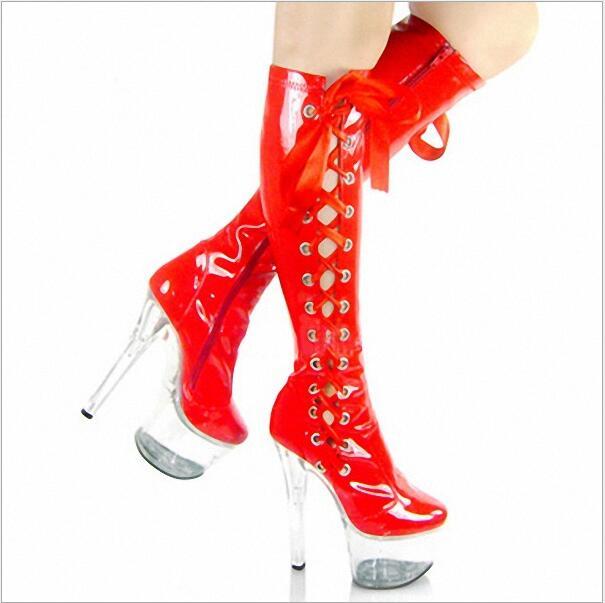 Shiny Faux Leather Knee High Boots Black Red Lace-Up High Heels Boots Sexy Ladies Platform Shoes Punk Style Knight Boots