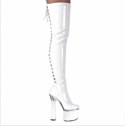 Black White Shiny High Heels Boots Stylish Lace Up Back Knight Boots Women Punk Style Long Boots  Halloween Party Cosplay Shoes