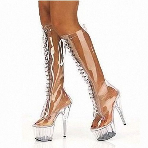 Novelty Women Transparent Long Boots Fashion Cross-tied High Heels Crystal Shoes Sexy Clear Platform Pumps Nightclub Shoes