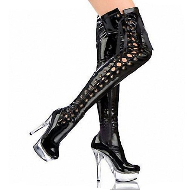 Black Red White Pink Shiny Lace-Up Women Thigh High Boots Stripper Dancing Shoes Thin Heel Crystal Platform Long Boots