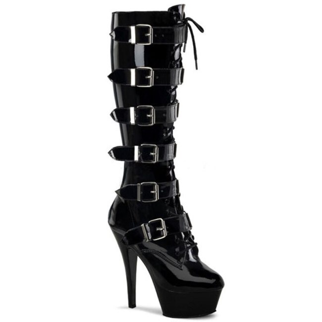 Gothic Punk Belt Buckle High Heels Boots Sexy Lace Up Mid Calf Boots Women Glossy High Platform Shoes Cosplay Knight Boots