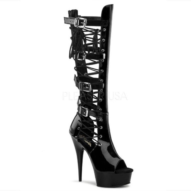 Women Fashion Punk Shoes Black High Heels Knee Length Boots Hollow Out Lacing Side Motorcycle Sandals Sexy Footwear