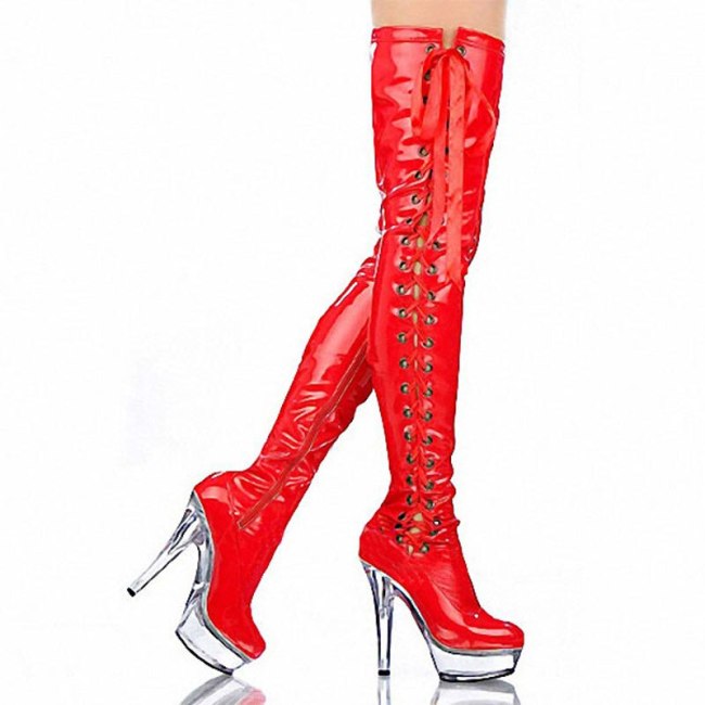 4 Colors Women Crystal High Heel Thigh High Boots Sexy Cross-tied Over the Knee Boots Night Bar Dancing Boots Plus Size 35-46