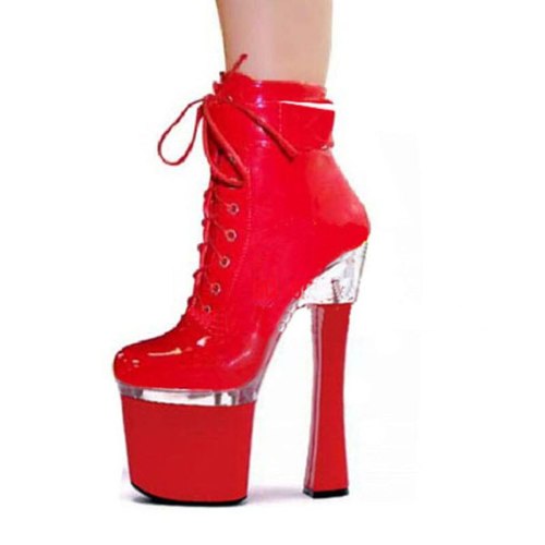 Women Autumn Winter PU Leather Ankle Boots Red Lace Up Platform Thin High Heels Short Boots Sexy Racing Girl Show Shoes