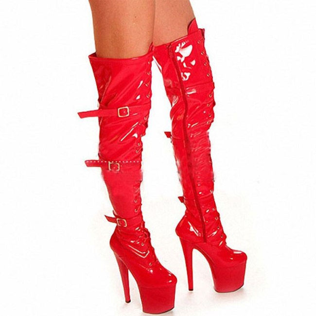 Women Punk PU Long Boots Sexy Shiny Black Red Cross-tied Belt Buckle Platform Stiletto High Boots Dancing Shoes Cosplay Clubwear