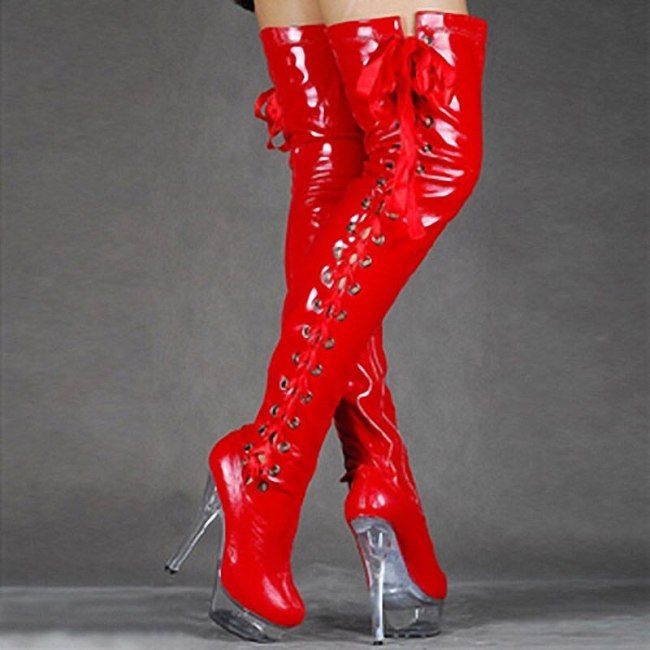 Black Red White Pink Shiny Lace-Up Women Thigh High Boots Stripper Dancing Shoes Thin Heel Crystal Platform Long Boots