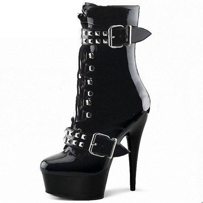 Womens Black Stiletto Heels Ankle Boots Gothic Rivet Buckle Short Boots Rock Singer Dancing Shoes Punk Style Night Bar Footwear