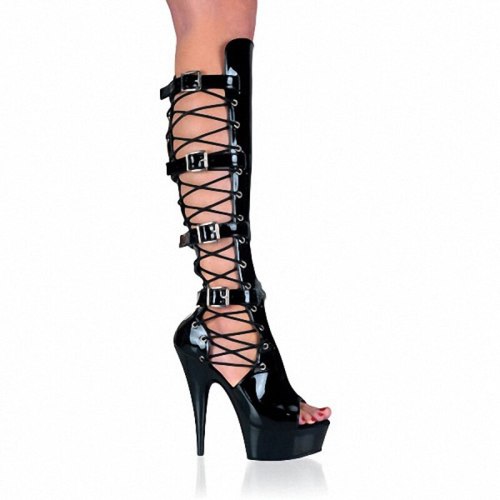 Women Fashion Punk Shoes Black High Heels Knee Length Boots Hollow Out Lacing Side Motorcycle Sandals Sexy Footwear