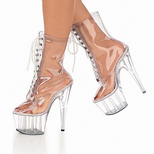 Newest Women Novelty Transparent Ankle Boots Thick  Platform Pump Boots Cross-tied High Heels Boots Fashion Show Streetwear