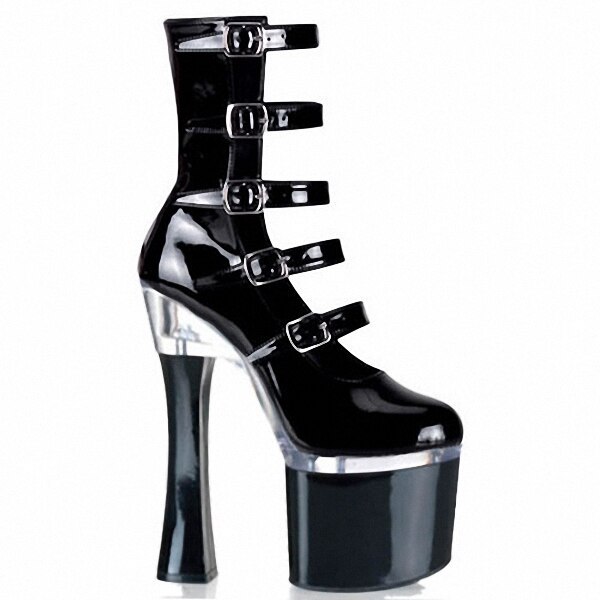Vintage Faux Leather Women High Heels Shoes Fashion Buckle Strap Thick Platform Boots Sexy Hollow Out Night Club Dancing Shoes