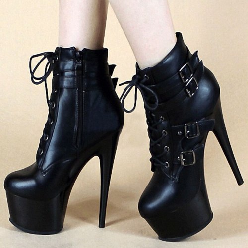 Black White Gothic Ladies PU Leather Short Boots Sexy High Heels Shoes Lace Up Buckle Platform Boots Punk Motorcycle Ankle Boots