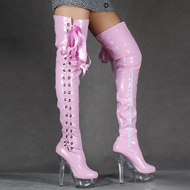 Black Red White Pink Shiny Lace-Up Women Thigh High Boots Stripper Dancing Shoes Thin Heel Crystal Platform Long Boots