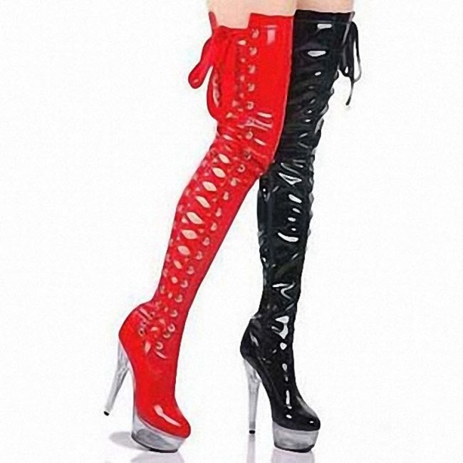 Black Red White Pink Shiny Lace-Up Women Thigh High Boots Stripper Dancing Shoes Thin Heel Crystal Platform Long Boots