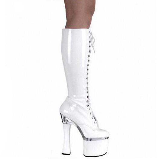 Black White Women Sexy High Heels Comfortable Square Heel Shoes Lace Up Front Mid Calf Boots Shiny Performance Shoes