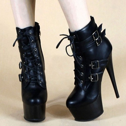 Black White Gothic Ladies PU Leather Short Boots Sexy High Heels Shoes Lace Up Buckle Platform Boots Punk Motorcycle Ankle Boots