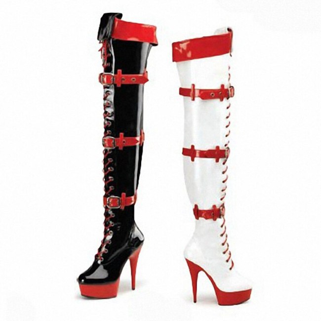 High Quality Sexy Women Shoes PU Leather High Heel Belt Boots Ladies Masquerade Halloween Cosplay Accessory Size 35-46