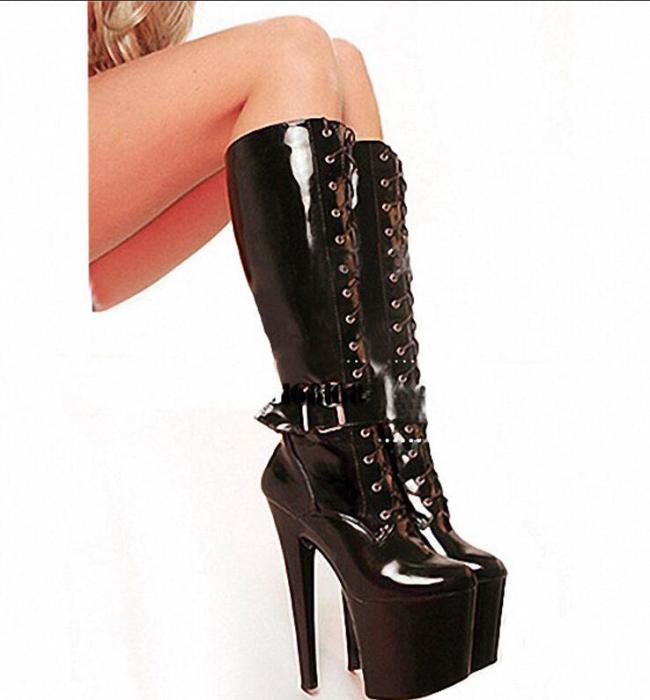 Rock Style Women Platform Pumps Boots Black Red Faux Leather High-heeled Boots Buckle Lace Up Zipper Botas Fetish Party Shoes