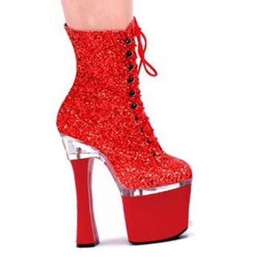 Red Black Square High Heels Women Sexy Ankle Boots Short Lace Up Stiletto Boots Bling Bling Nightclub Pole Dancing Shoes