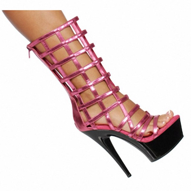 Fashion Black/White/Pink Grid Platform Shoes Women Hollow Out Short Boots Sexy Open Toe High Heels Sandals Party Clubwear