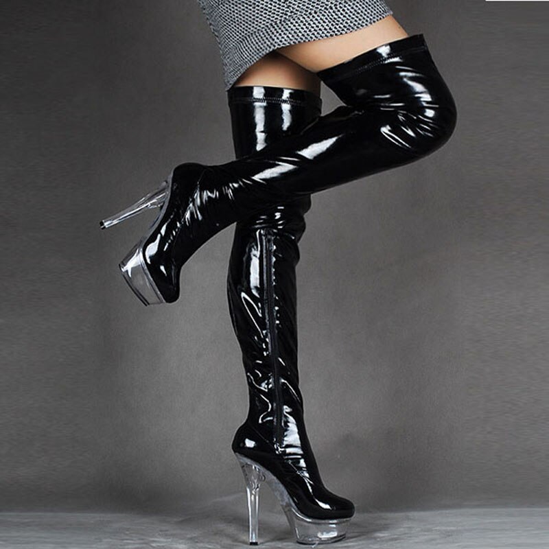 Black Red Pink Shiny High Heels Crystal Platform Long Boots Women Autumn  Winter Over The Knee