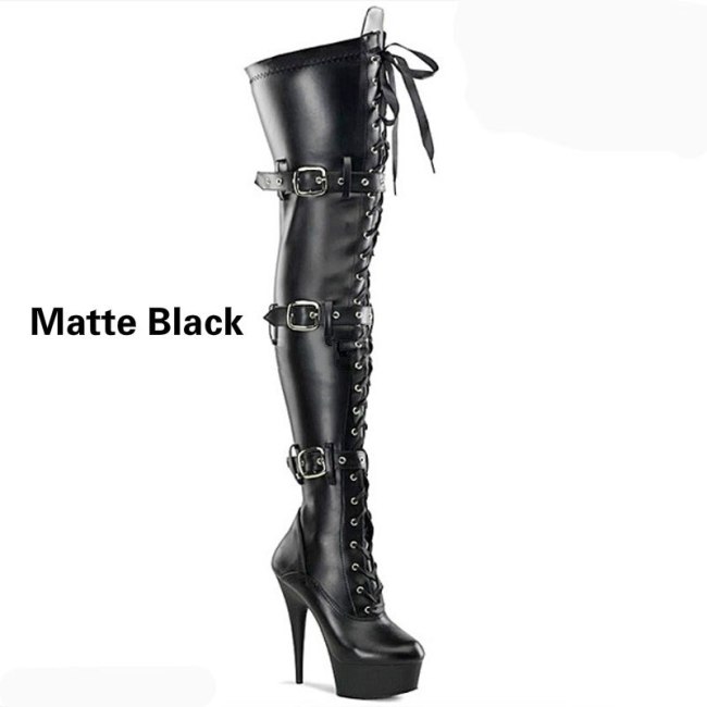Fashion Women Faux Leather High Boots Stretch Slim High Heels Boots Punk Belt Buckle Cross-tied Shoes Sexy Party Dancing Boots