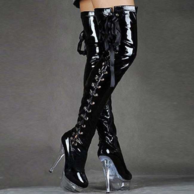 Black Red White Pink Shiny Lace-Up Women Thigh High Boots Stripper Dancing Shoes Thin Heel Crystal Platform Long Boots