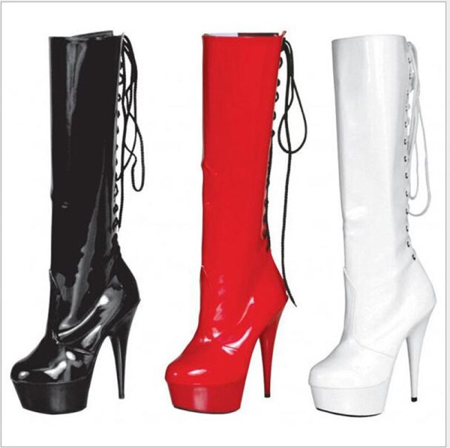 Black Red White Women High Platform Boots Fetish Cross-tied Back High Heels Boots Fashion Rider Halloween Party Cosplay Shoes