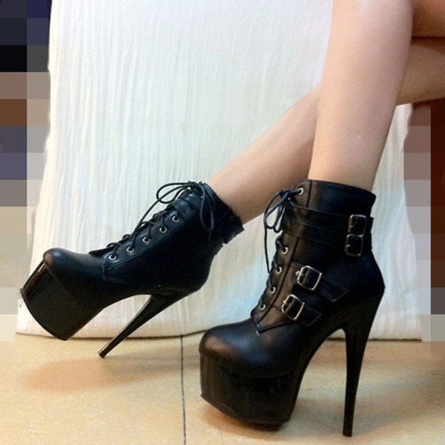Black White Gothic Ladies PU Leather Short Boots Sexy High Heels Shoes Lace Up Buckle Platform Boots Punk Motorcycle Ankle Boots