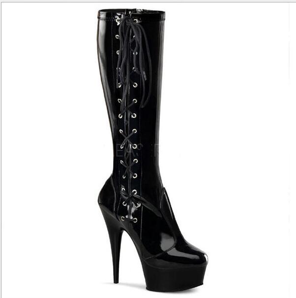 Shiny Faux Leather Knee High Boots Black Red Lace-Up High Heels Boots Sexy Ladies Platform Shoes Punk Style Knight Boots