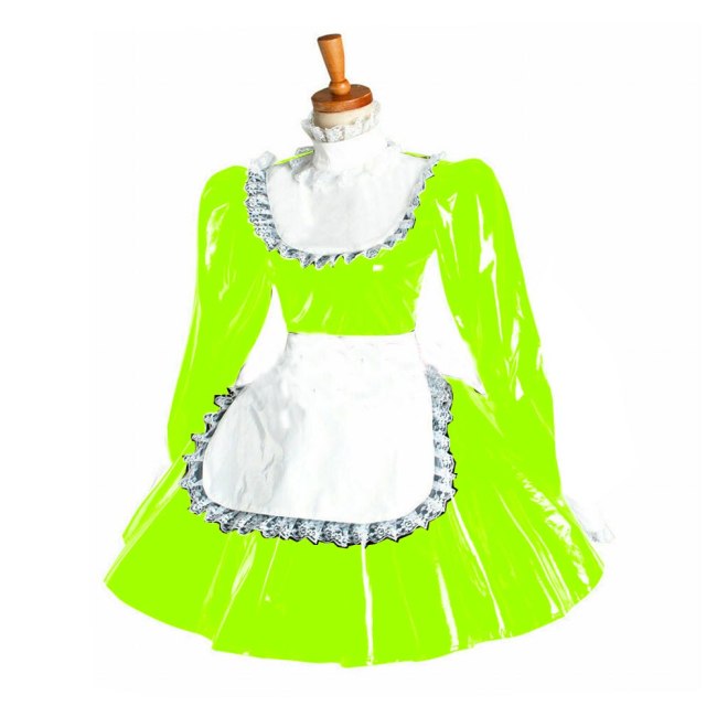 Plus Size Puff Sleeve Maid Cosplay Dress Ladies Lolita PVC Wetlook Apron Dress