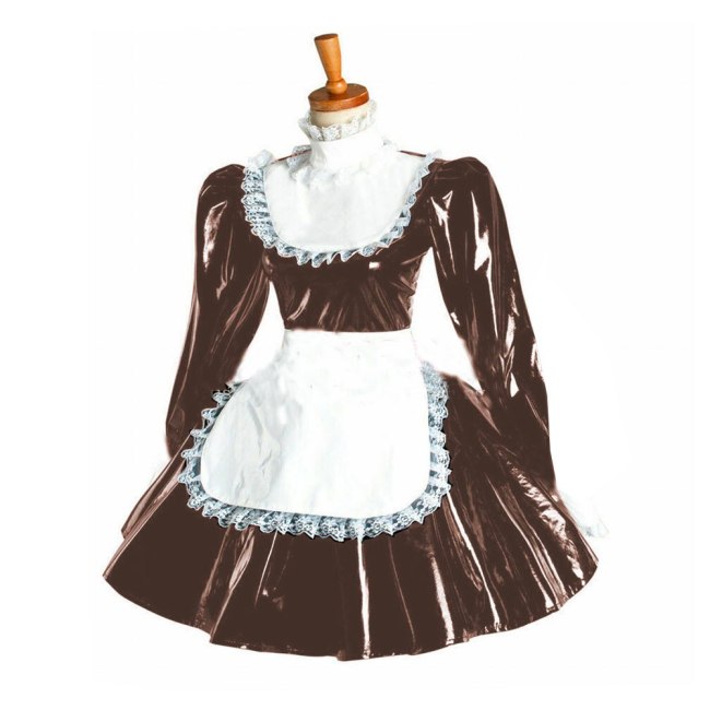 Plus Size Puff Sleeve Maid Cosplay Dress Ladies Lolita PVC Wetlook Apron Dress