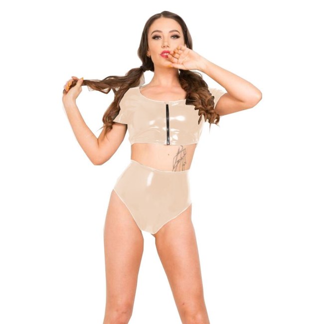 Plus Size Ladies Rubber Sexy Suit Zipper Front Short Sleeve Crop Top With High Waist Hot Shorts Pole Dancing Night Club Costume