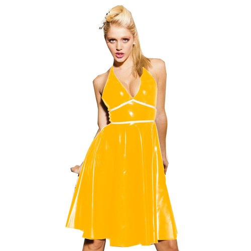 23 Colors Summer Ladies Sleeveless Deep V-neck Dress A-Line Pleated Knee-Length Dress Elegant Glossy PVC Club Party Midi Robe