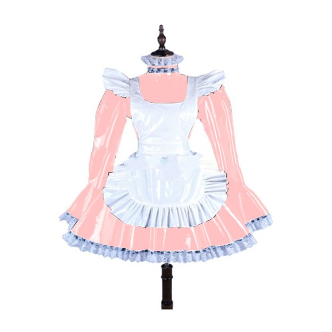 Plus Size Lace Trim Lovely Maid Mini Dress Women Long Sleeve A-line Dress With White Apron Halloween Valentine Cosplay Costume