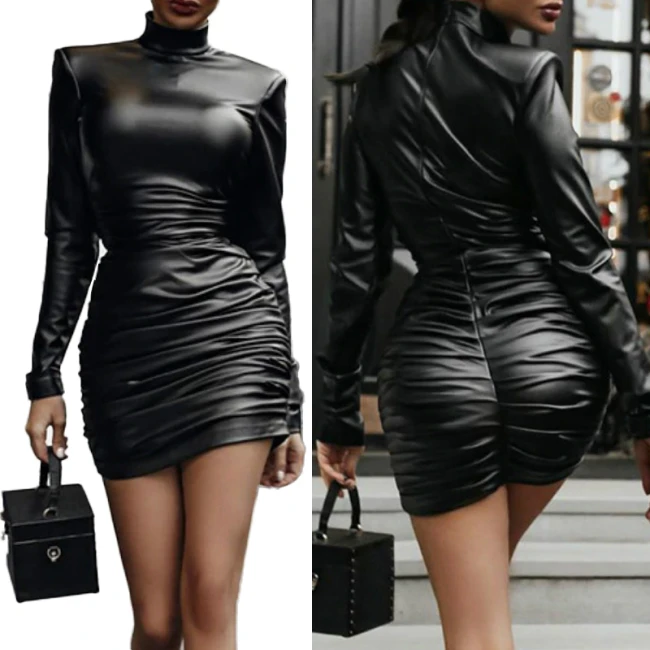 Women Faux PU Leather Dresses Deep Vneck Zippers High Elasticity Dress Sexy Club Party Oversize Fashion Office Lady Dress M0129
