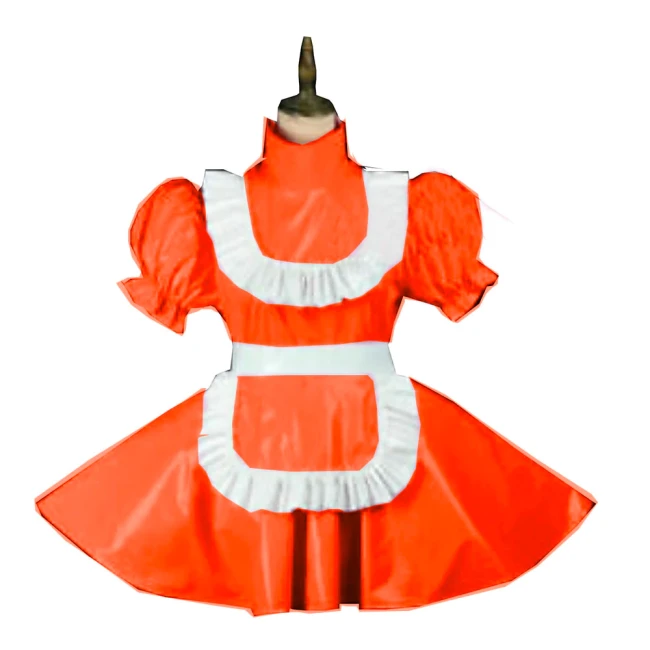 Plus Size Vintage Puff Short Sleeve Maid Dress Retro High Neck PVC Glossy Lady Lolita Mini Pleated Dress Cosplay Party Uniform