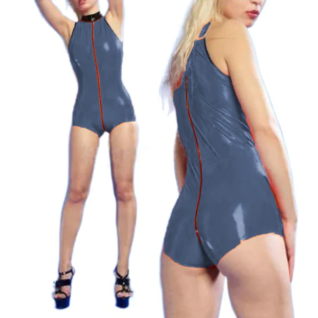 Women PU Skinny Sexy Playsuit Female Rompers Overalls Turtle Neck Zippers Tops PVC  Jumpsuit Briefs  Bodysuit plus size rompers