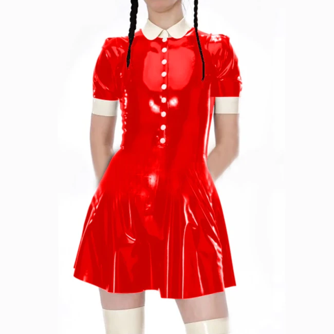 Hot Sale Sweet College Female Turndown Collar Fashion Leather A-Line Dress Casual Short Sleeve Mini Dress Sexy Buttons PVC Dress