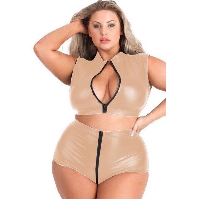 20 Colors Shiny Metallic Dancing Suit Women Zipper Open Bust Buttock Design Costume Sexy Crop Top With Hot Crotchless Shorts