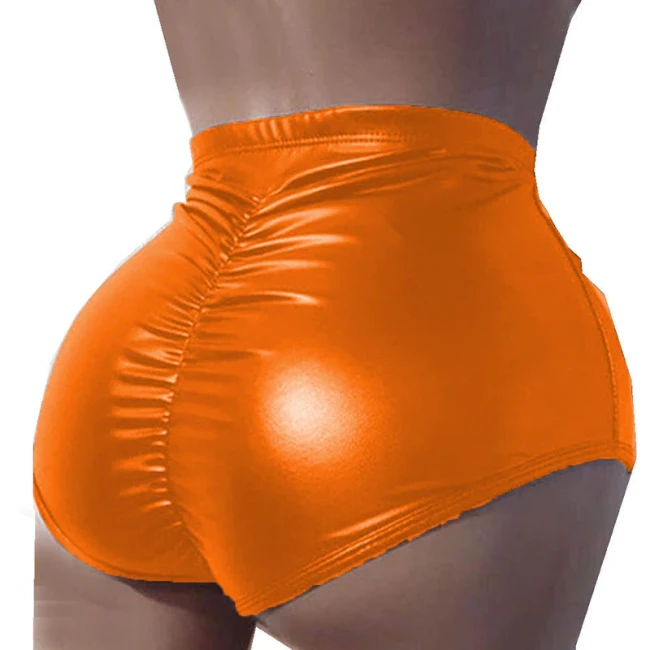 Plus Size Faux Leather Shiny Hot Pants Women Elastic Waist Bodycon Package Hips Shorts Simple Sexy High Cut Stretchy Shorts