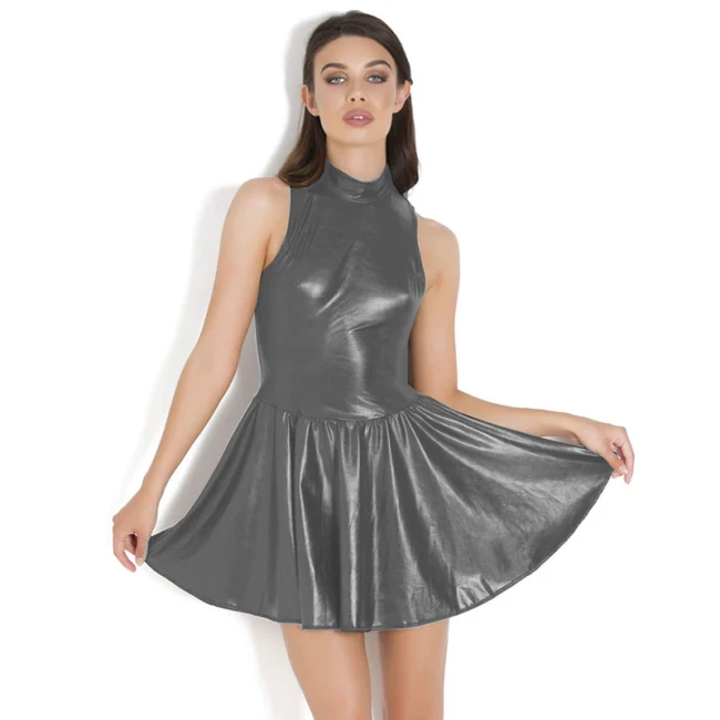 Skater Leather Dress Plus Size A-line Metallic Dress Summer Sleeveless Bottom Flare Mini Dresses Vintage Wet Look Dress Vestidos