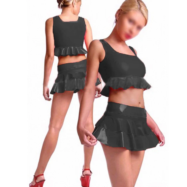 Women Sexy Faux Leather Outfits Acitve Sleeveless Tee Top and Pleated Skirt Matching Two Piece PVC Crop Top with Mini Skirt