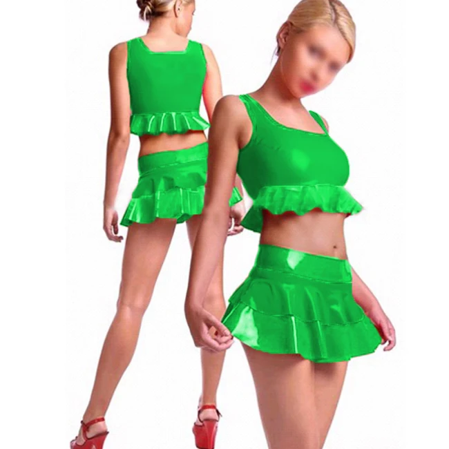 Women Sexy Faux Leather Outfits Acitve Sleeveless Tee Top and Pleated Skirt Matching Two Piece PVC Crop Top with Mini Skirt