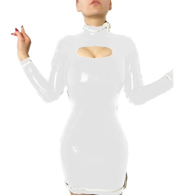 Plus Size Clubwear Women Turtleneck PVC mini dress Casual Slim Bodycon Dress with White Bow Vinyl Gothic Dress Gay Crossdress