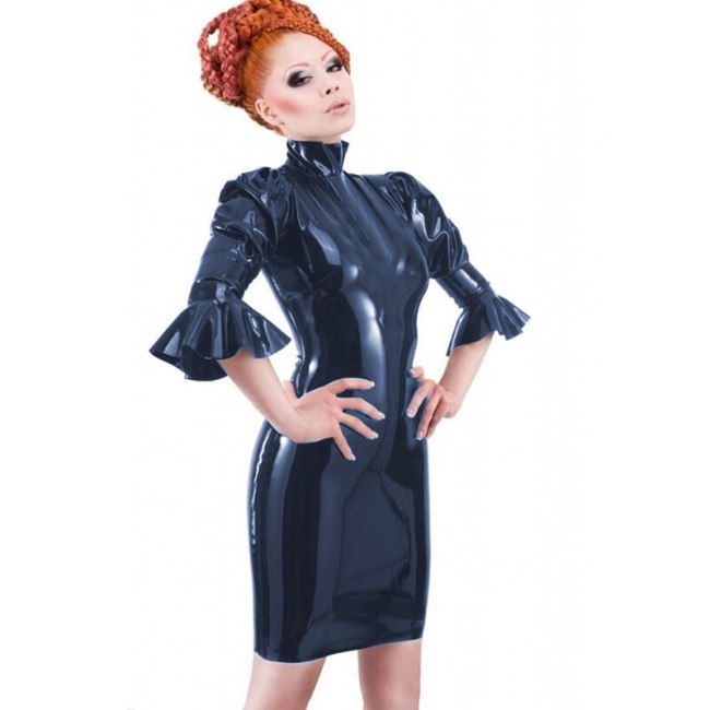 Women Flare Sleeve Bodycon Dress Wet Look Shiny PVC Faux Latex Package Hip Clubwear Plus Size Women Pole Dance Zipper  Dress 7XL