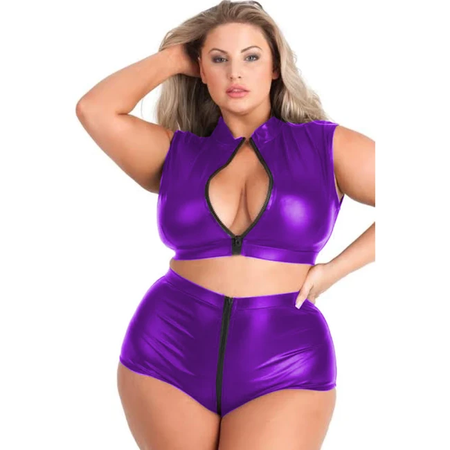 20 Colors Shiny Metallic Dancing Suit Women Zipper Open Bust Buttock Design Costume Sexy Crop Top With Hot Crotchless Shorts