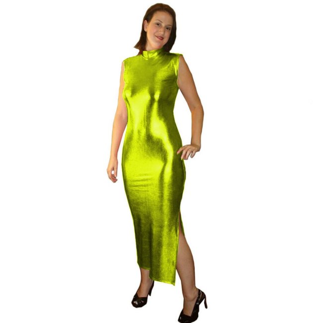 Plus Size Sleeveless Metallic Stretchy Long Pencil Dress Women Elegant Split Qipao Summer One-Piece Vintage Evening Party Gown