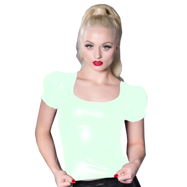 23 Colors Elegant Solid Color Shirts Women Summer Sexy Puff Short Sleeve Pullover Ladies Wetlook PVC Scoop Neck Bodycon Tops