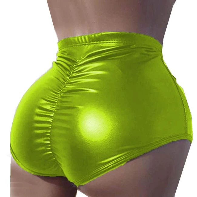 Plus Size Faux Leather Shiny Hot Pants Women Elastic Waist Bodycon Package Hips Shorts Simple Sexy High Cut Stretchy Shorts